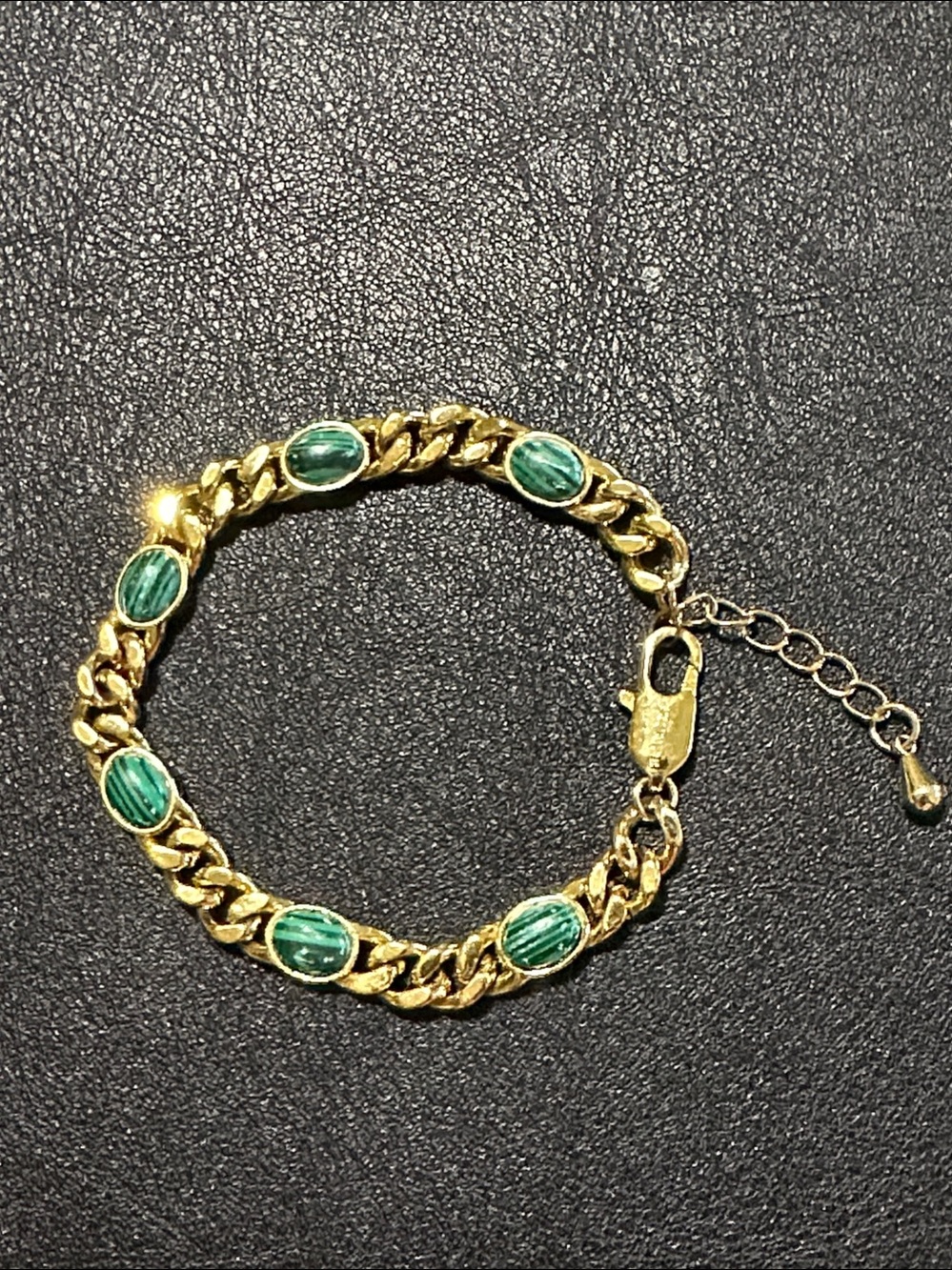 Frumos 18k Gold Plate Cuban Curb Chain Malachite Cabochon Bracelet